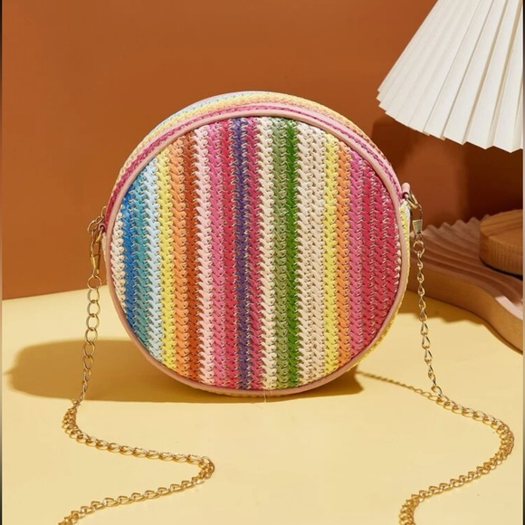 Mini Rainbow Striped Pattern Chain Straw Bag - Picture 2 of 5
